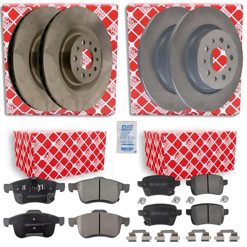 Zertifiziert Febi Bremsscheiben + Beläge Vorne + Hinten passend für FIAT 500L (351, 352) 1.4